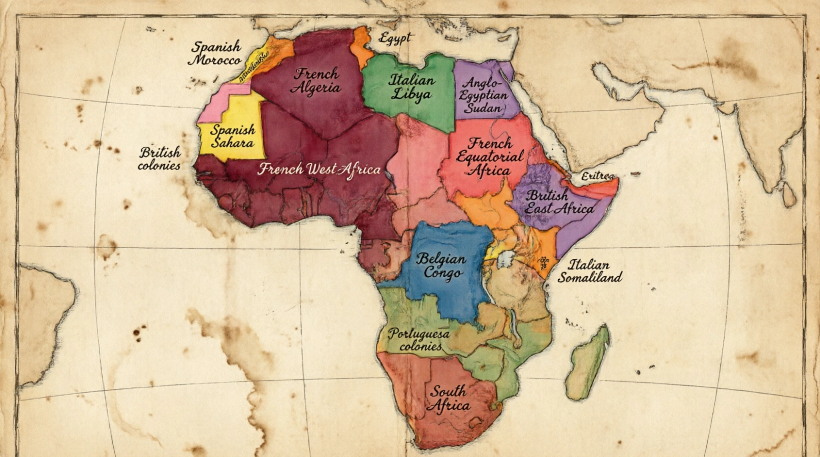 Mapa del África Occidental Francesa (AOF) y del África Ecuatorial Francesa (AEF), territorios en los que Louis Tècle Courbain ejerció como magistrado colonial